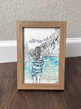Original Framed Mixed-Media Art - Lake/Nature Swim/BeachTowel